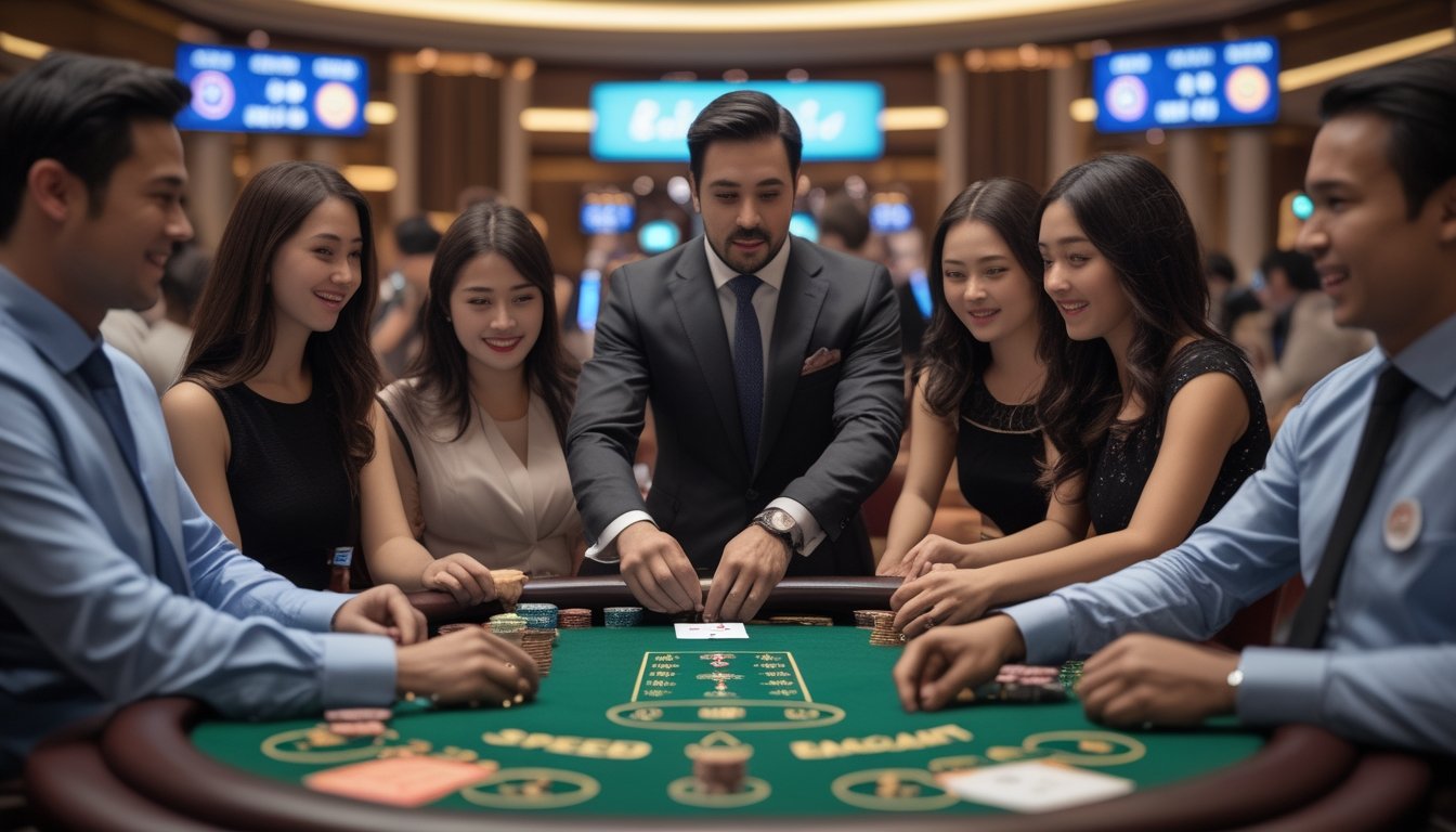 Seorang dealer membagikan kartu di meja baccarat cepat dengan beberapa pemain yang fokus di kasino langsung.
