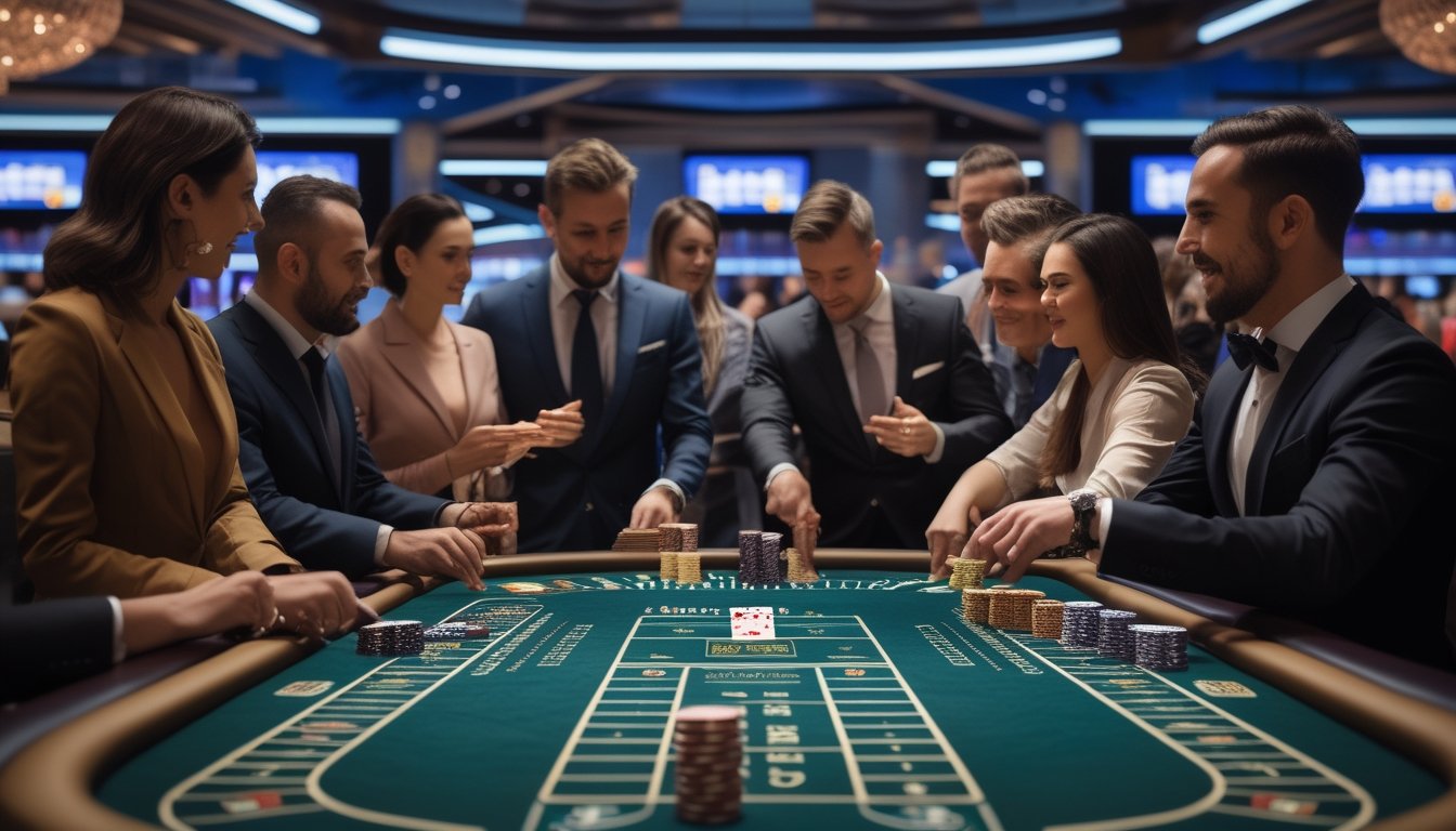 Suasana permainan Speed Baccarat di kasino langsung dengan pemain dan dealer yang fokus di sekitar meja permainan.