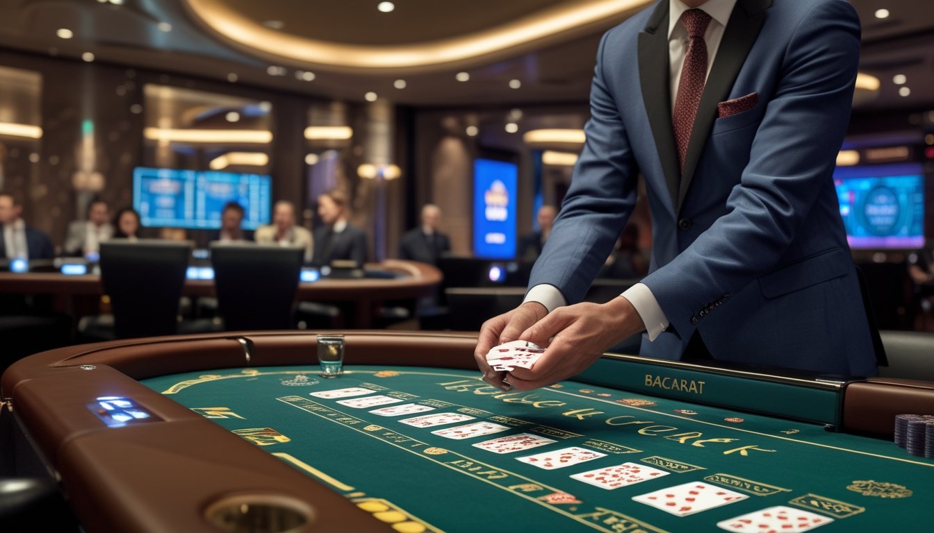Meja baccarat dengan dealer yang membagikan kartu dan pemain yang memperhatikan permainan di kasino modern.