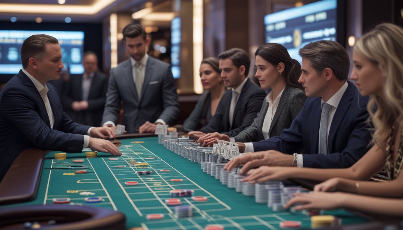 Suasana permainan Speed Baccarat di kasino dengan dealer dan pemain yang fokus pada kartu dan chip di meja permainan.