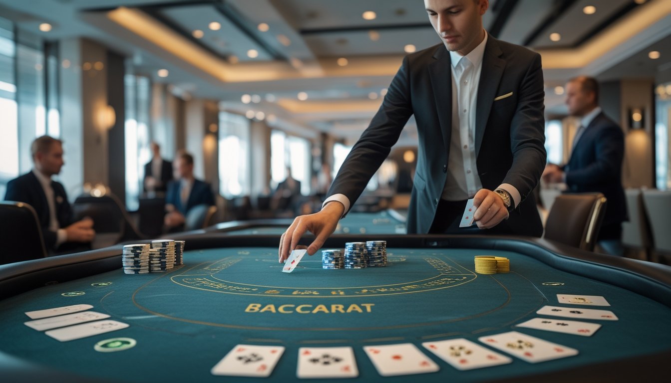 Meja baccarat di kasino dengan dealer yang sedang membagikan kartu dan tumpukan chip di atas meja, beberapa pemain mengamati permainan.