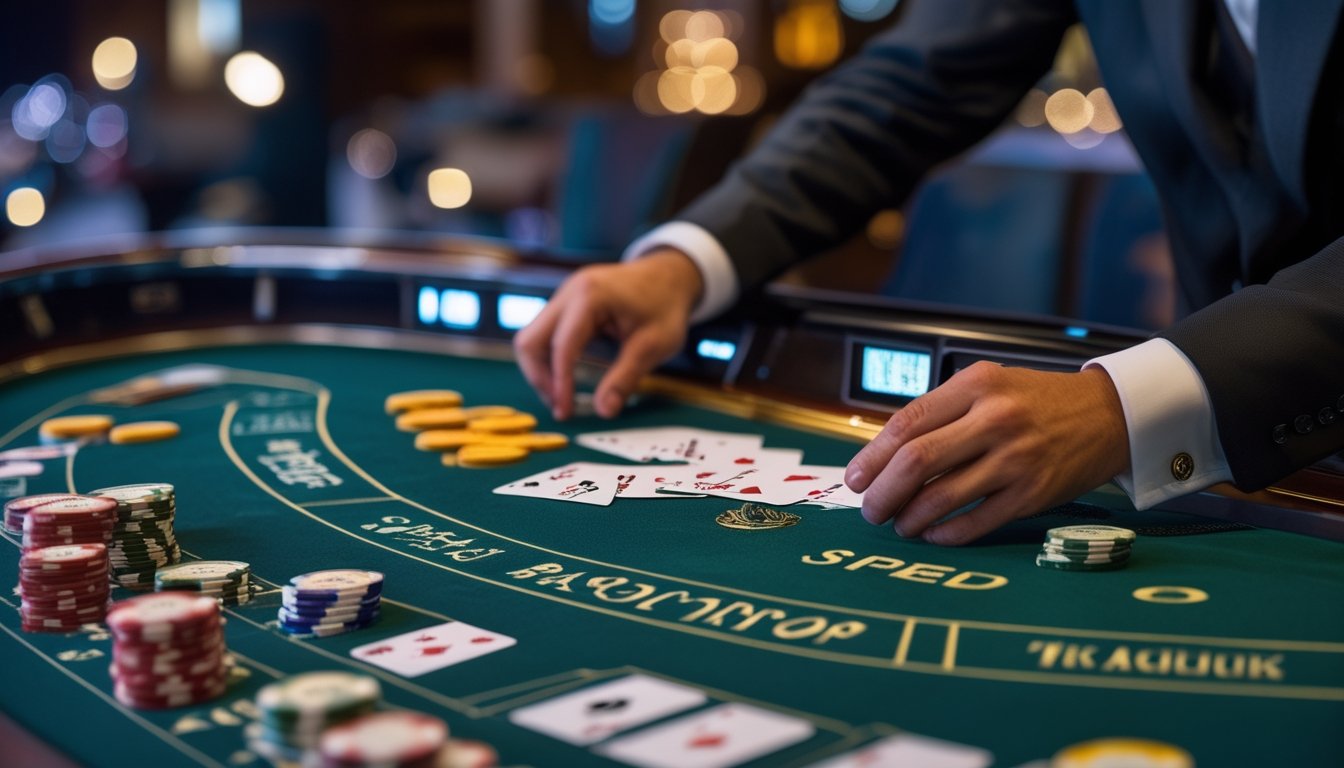 Meja baccarat dengan kartu dan chip taruhan, dealer sedang membagikan kartu dalam suasana kasino yang terang.