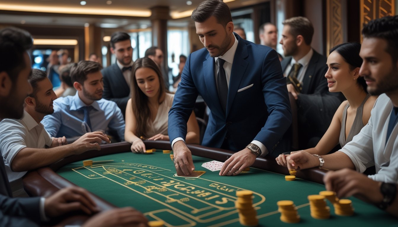 Seorang dealer sedang membagikan kartu dengan cepat di meja baccarat dengan beberapa pemain yang fokus dan antusias di sekitarnya di dalam kasino.
