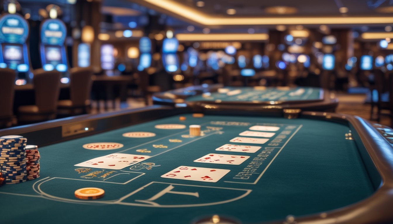 Meja permainan Speed Baccarat di kasino dengan kartu dan chip tertata rapi, suasana kasino yang ramai dan mewah di latar belakang.