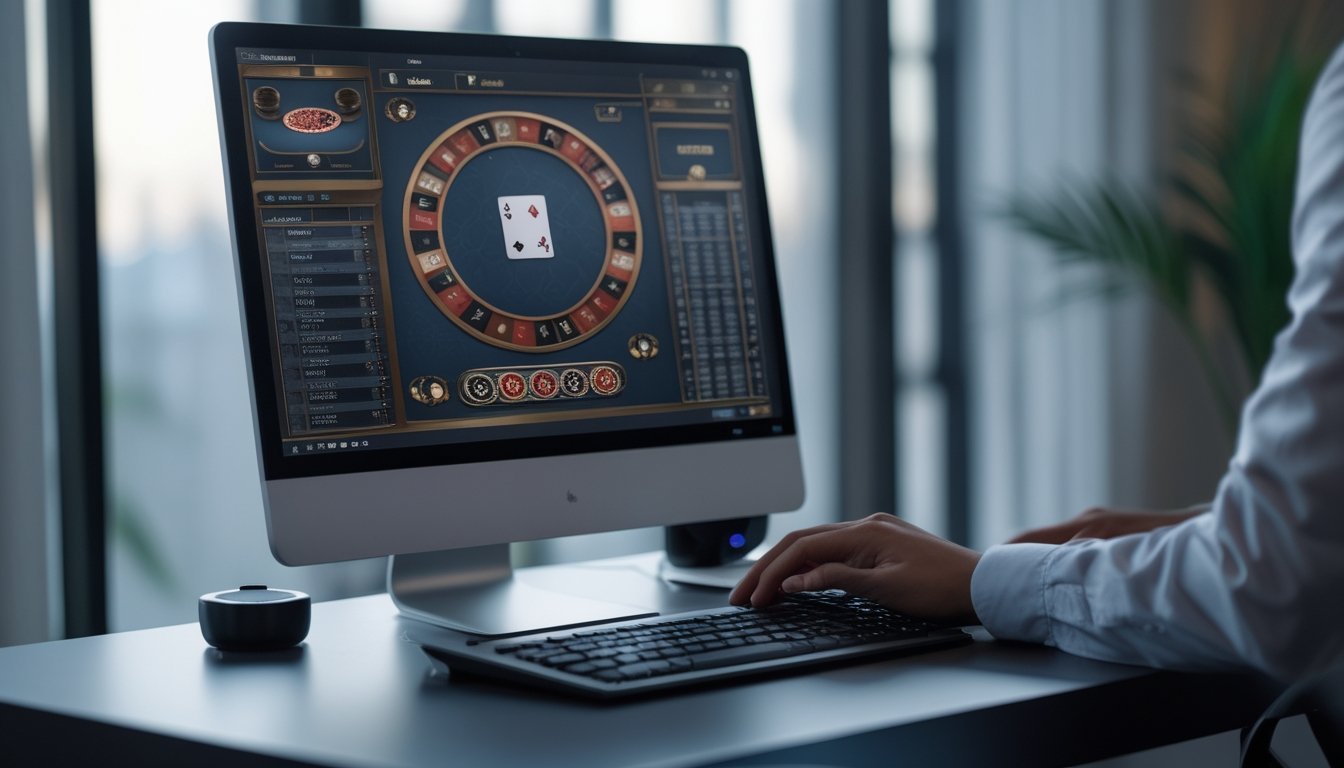 Meja komputer modern dengan layar menampilkan permainan baccarat online dan tangan seseorang yang sedang bermain.