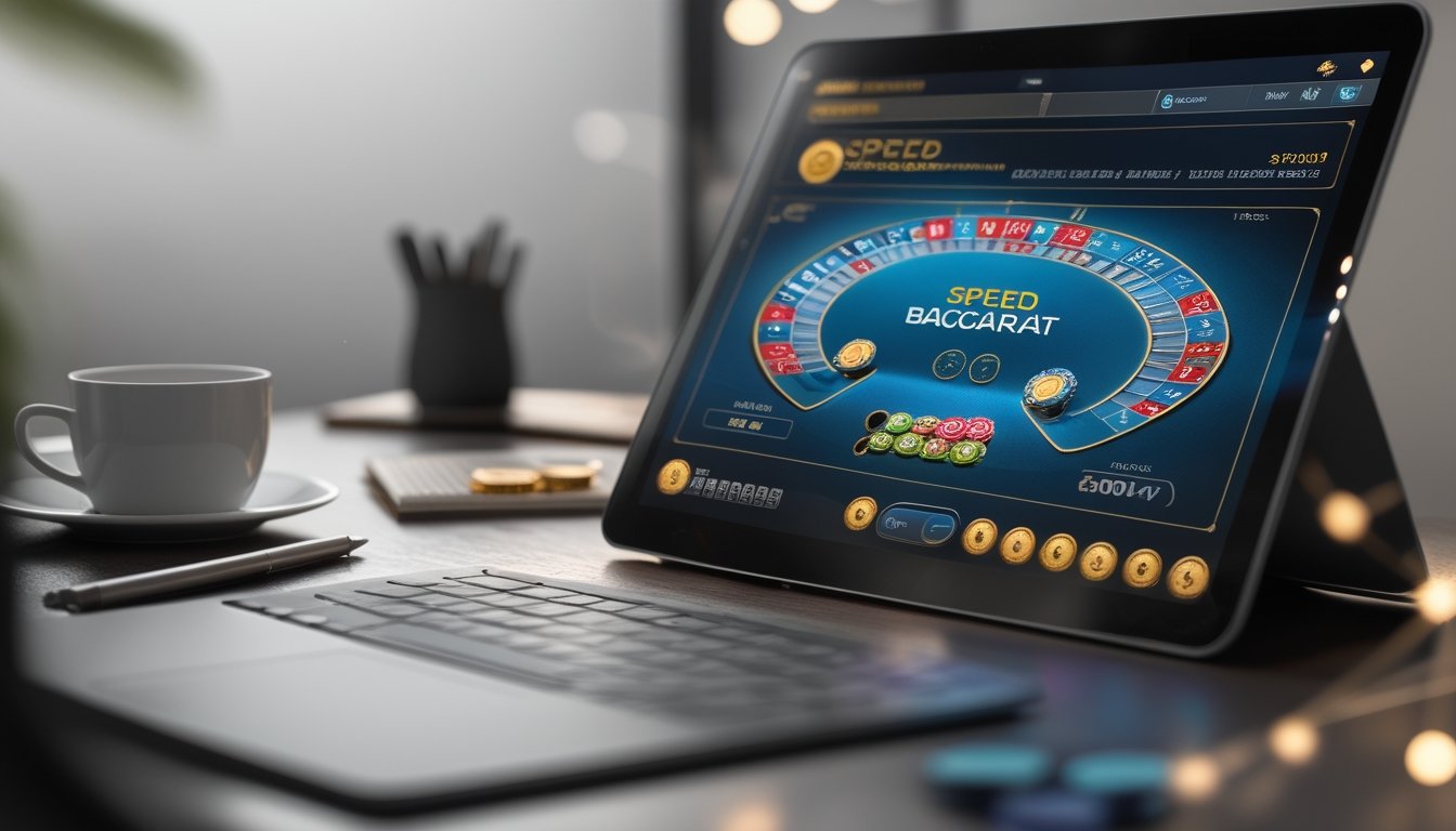 Sebuah meja permainan Speed Baccarat online yang ditampilkan di layar komputer dengan kartu dan chip, dikelilingi alat tulis dan secangkir kopi.