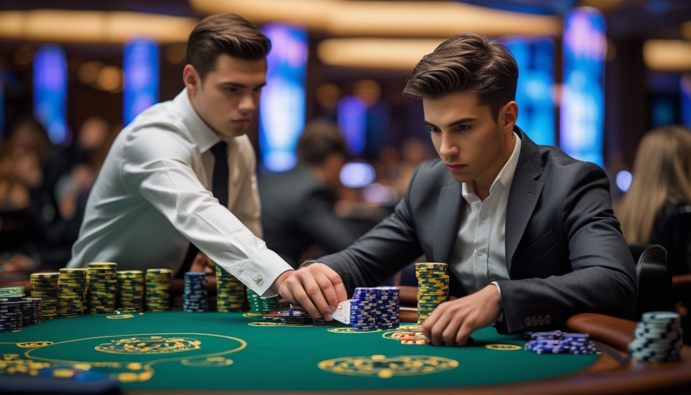 Seorang pria muda serius bermain speed baccarat di meja kasino dengan dealer yang membagikan kartu, suasana kasino yang elegan dan lampu yang terang.