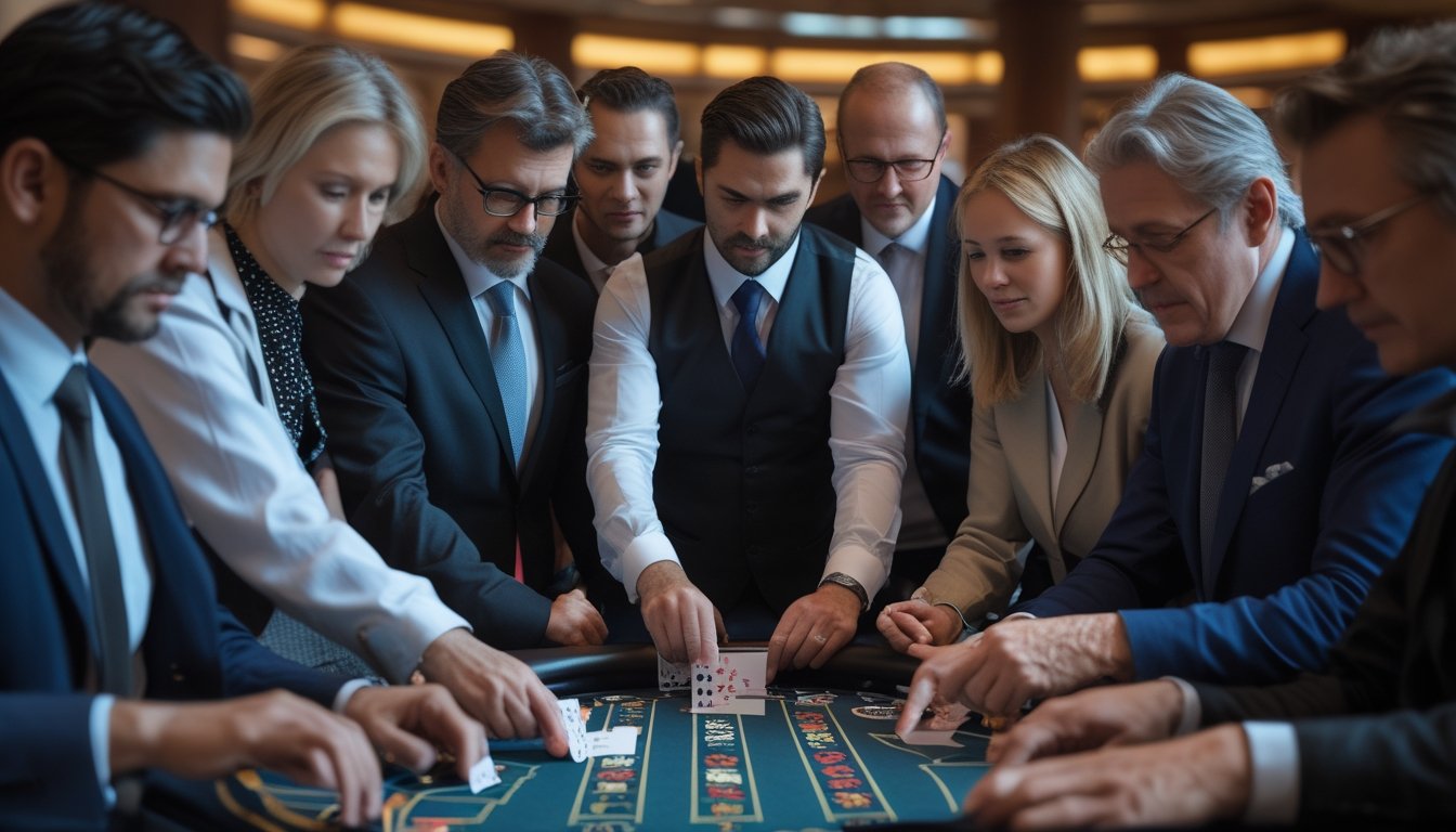 Sekelompok orang bermain Speed Baccarat di meja kasino dengan dealer yang membagikan kartu, suasana serius dan fokus.