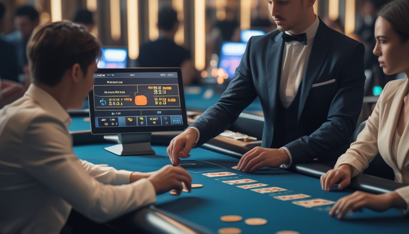 Meja Speed Baccarat dengan dealer dan dua pemain yang sedang bermain di kasino modern.
