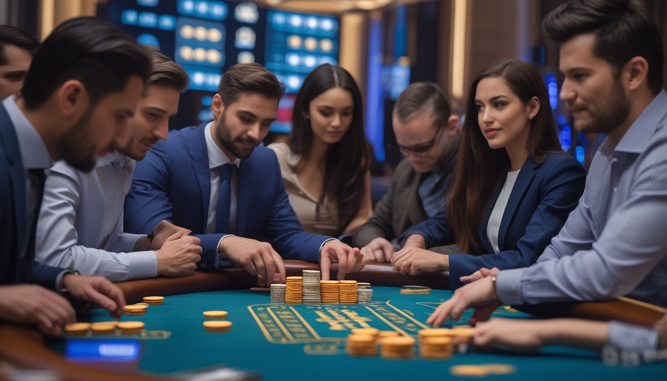 Beberapa orang sedang bermain Speed Baccarat di meja kasino dengan kartu dan chip taruhan.