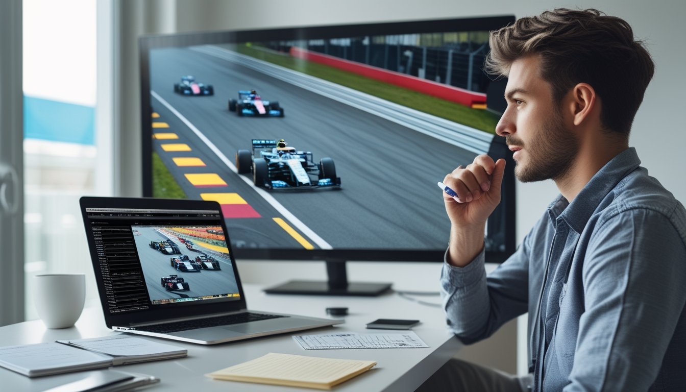 Seorang pria muda duduk di depan laptop yang menampilkan balapan Formula 1, dengan catatan dan pena di meja, di ruang kerja yang terang dan modern.