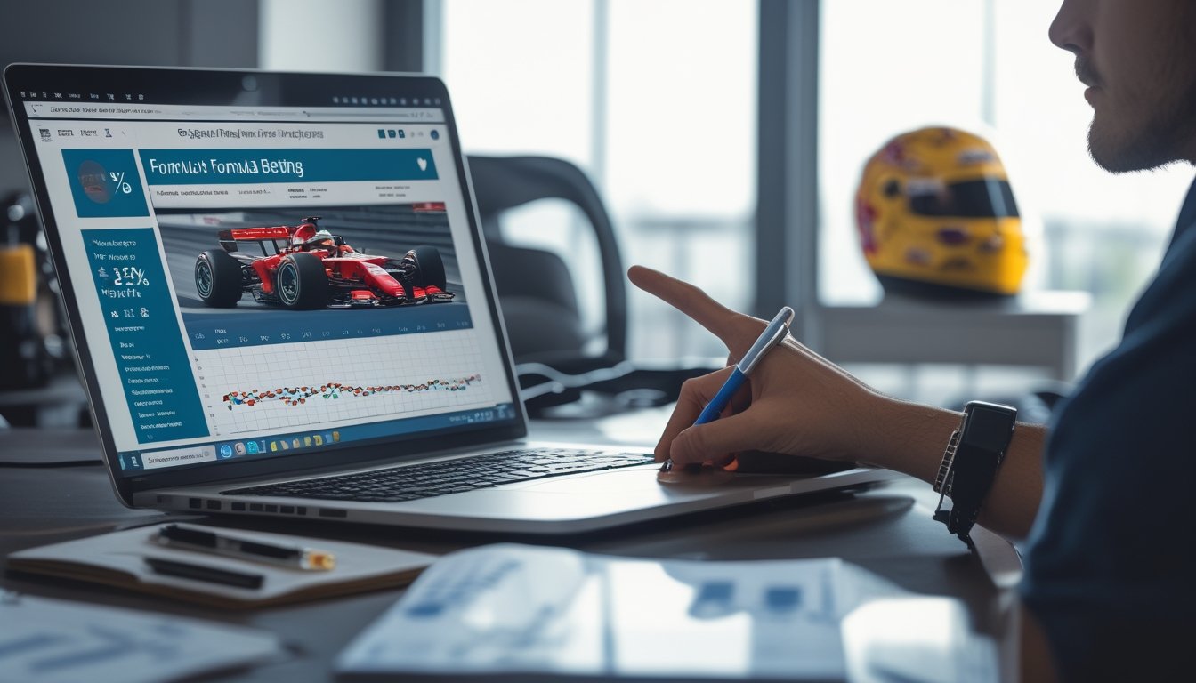 Seseorang sedang bekerja di meja dengan laptop yang menampilkan balapan Formula 1, buku catatan, dan grafik taruhan olahraga di sekitarnya.