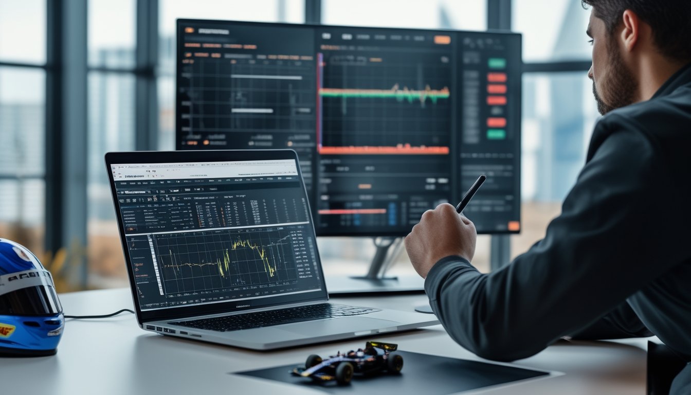 Seorang analis sedang memeriksa data statistik balap Formula 1 di ruang kerja dengan layar digital dan model mobil balap di meja.