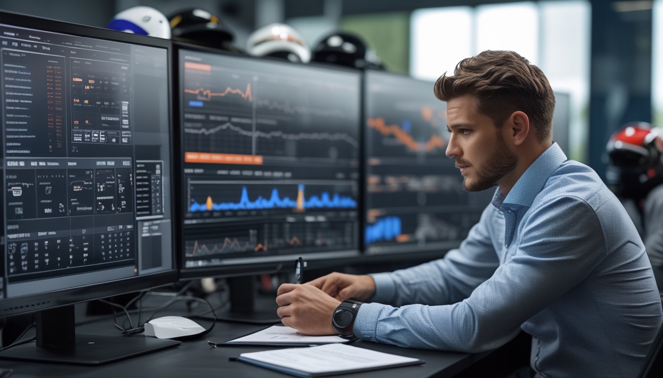 Seorang analis sedang memeriksa data statistik kinerja pembalap Formula 1 di depan layar komputer di sebuah kantor modern.