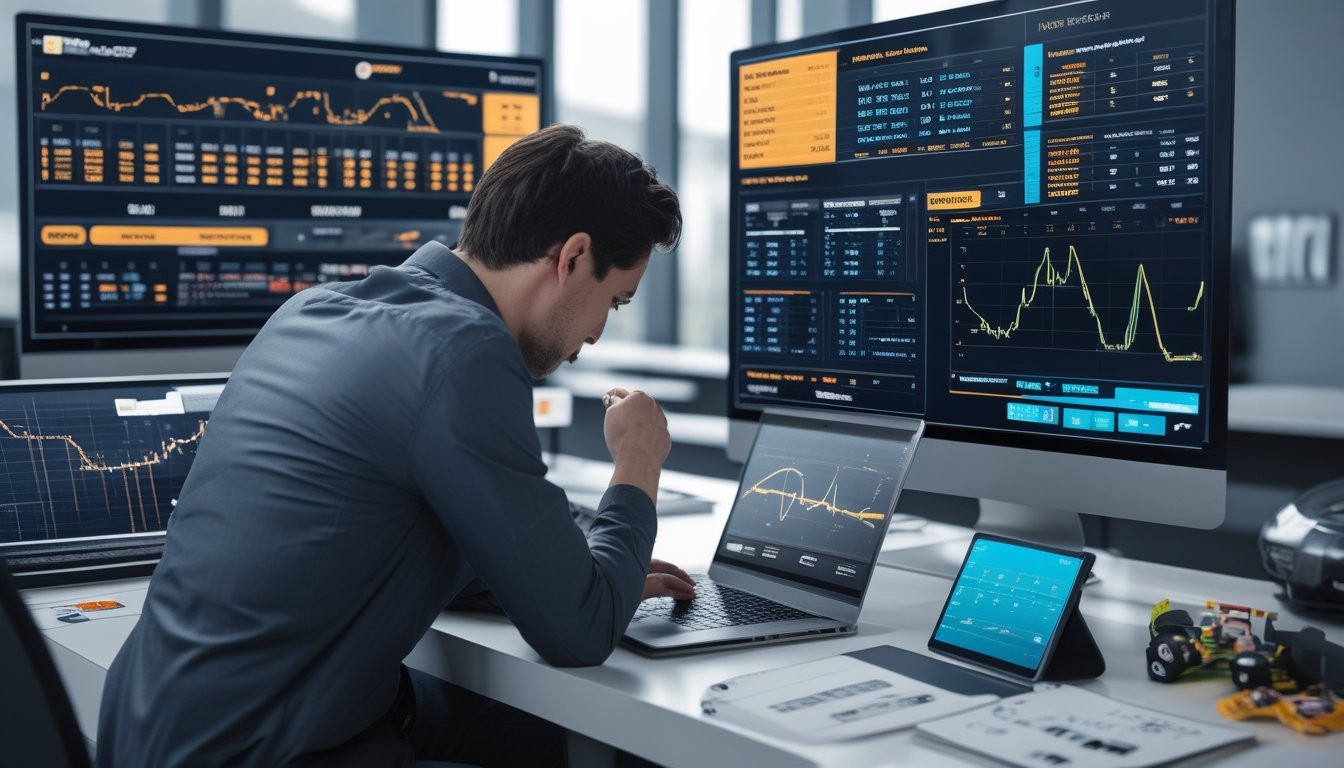 Seseorang sedang menganalisis data taruhan Formula 1 di meja kerja dengan layar digital menampilkan informasi balapan dan grafik taruhan.