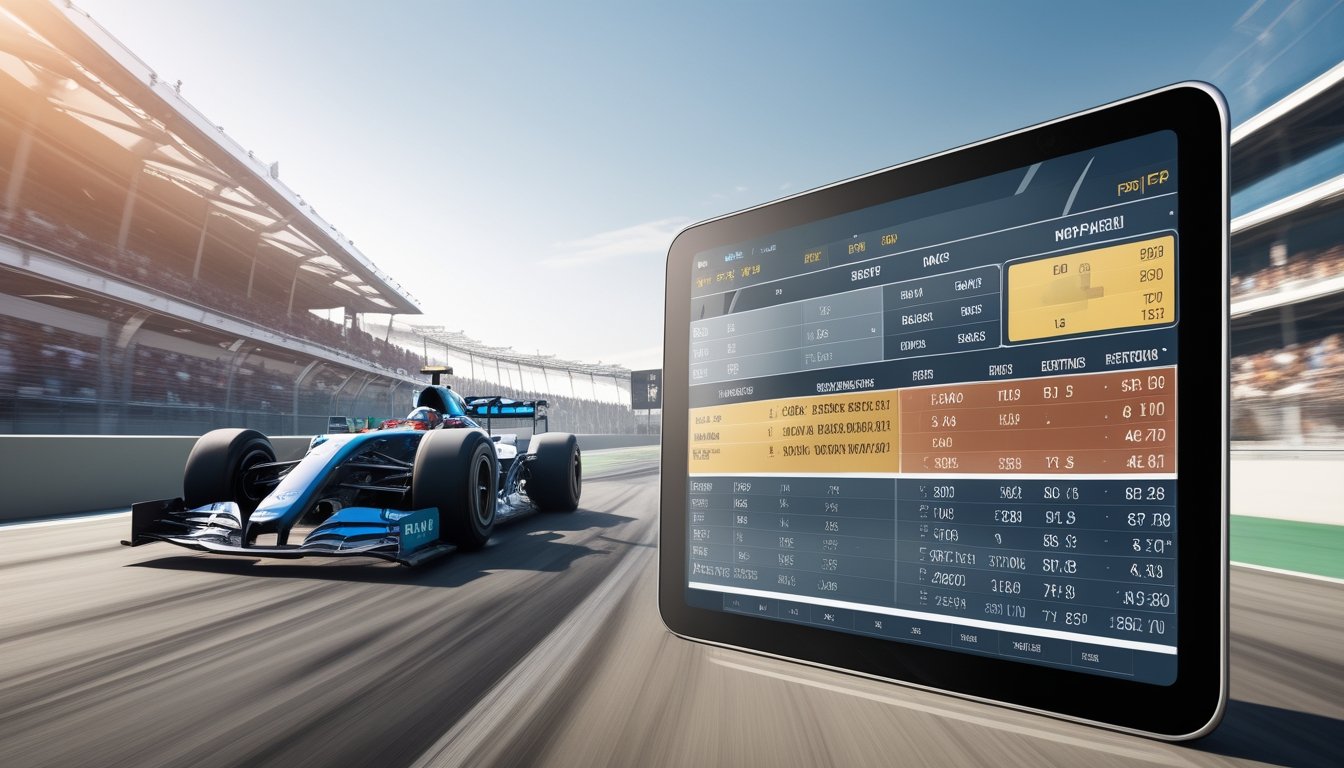 Mobil balap Formula 1 melaju cepat di lintasan dengan layar digital menampilkan statistik dan peluang taruhan di latar depan.