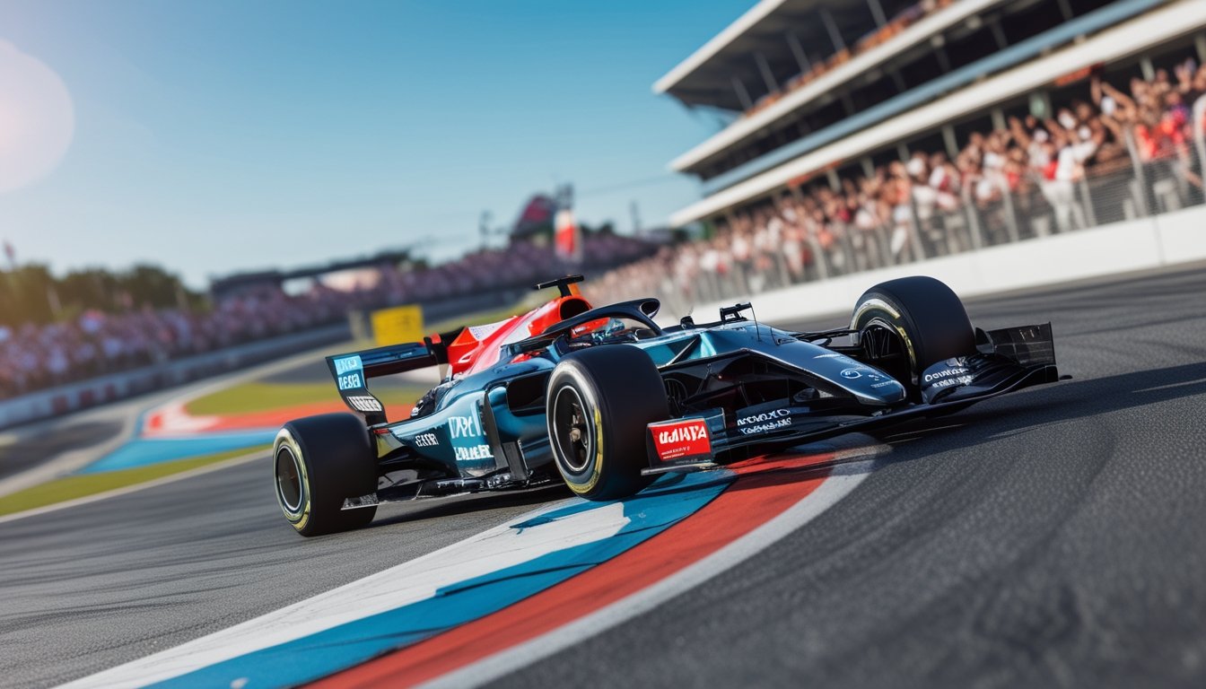 Mobil balap Formula 1 modern melaju kencang di lintasan dengan penonton bersorak di latar belakang.