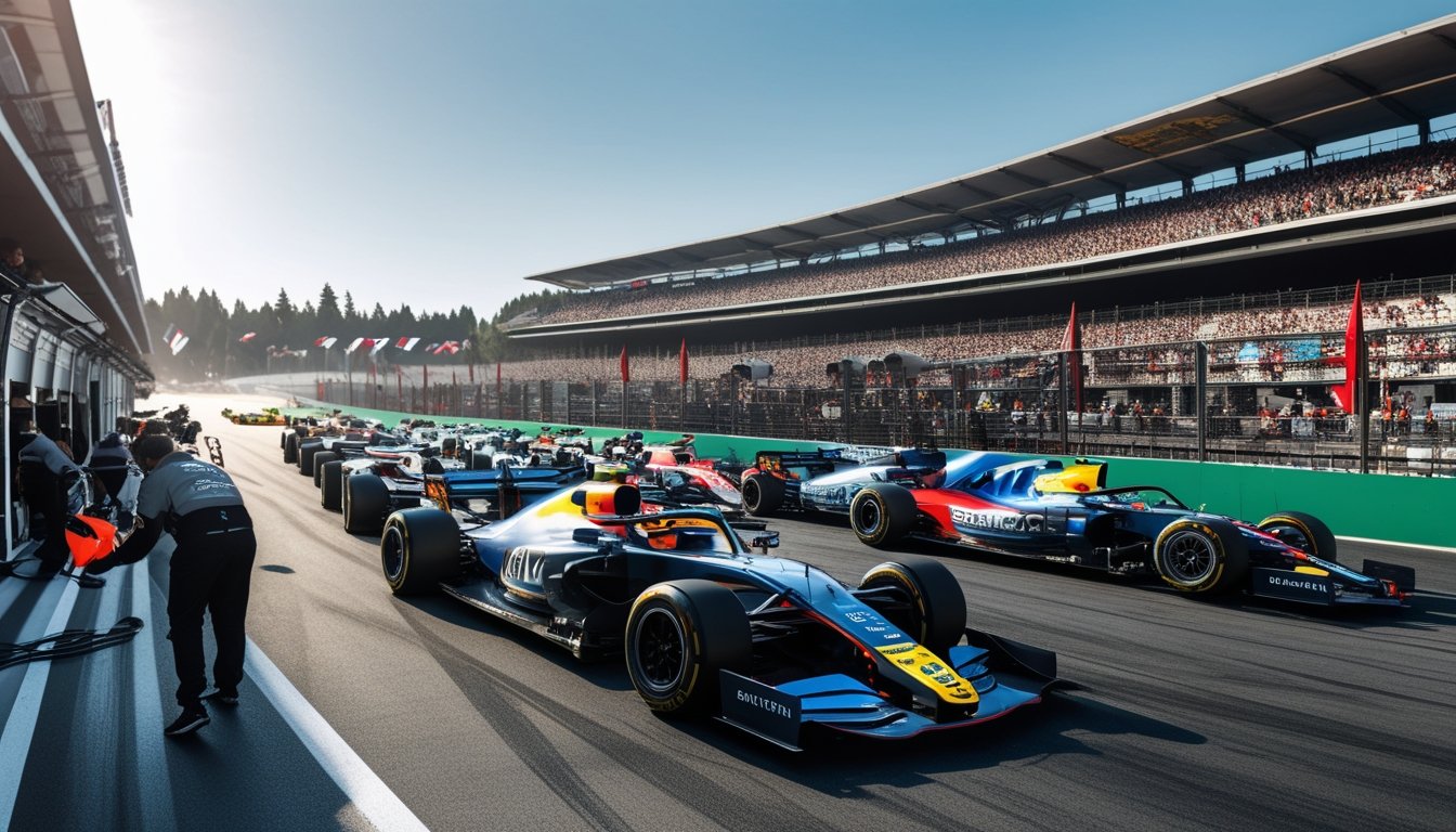 Mobil balap Formula 1 melaju cepat di lintasan dengan penonton di tribun dan kru pit yang sedang bekerja.