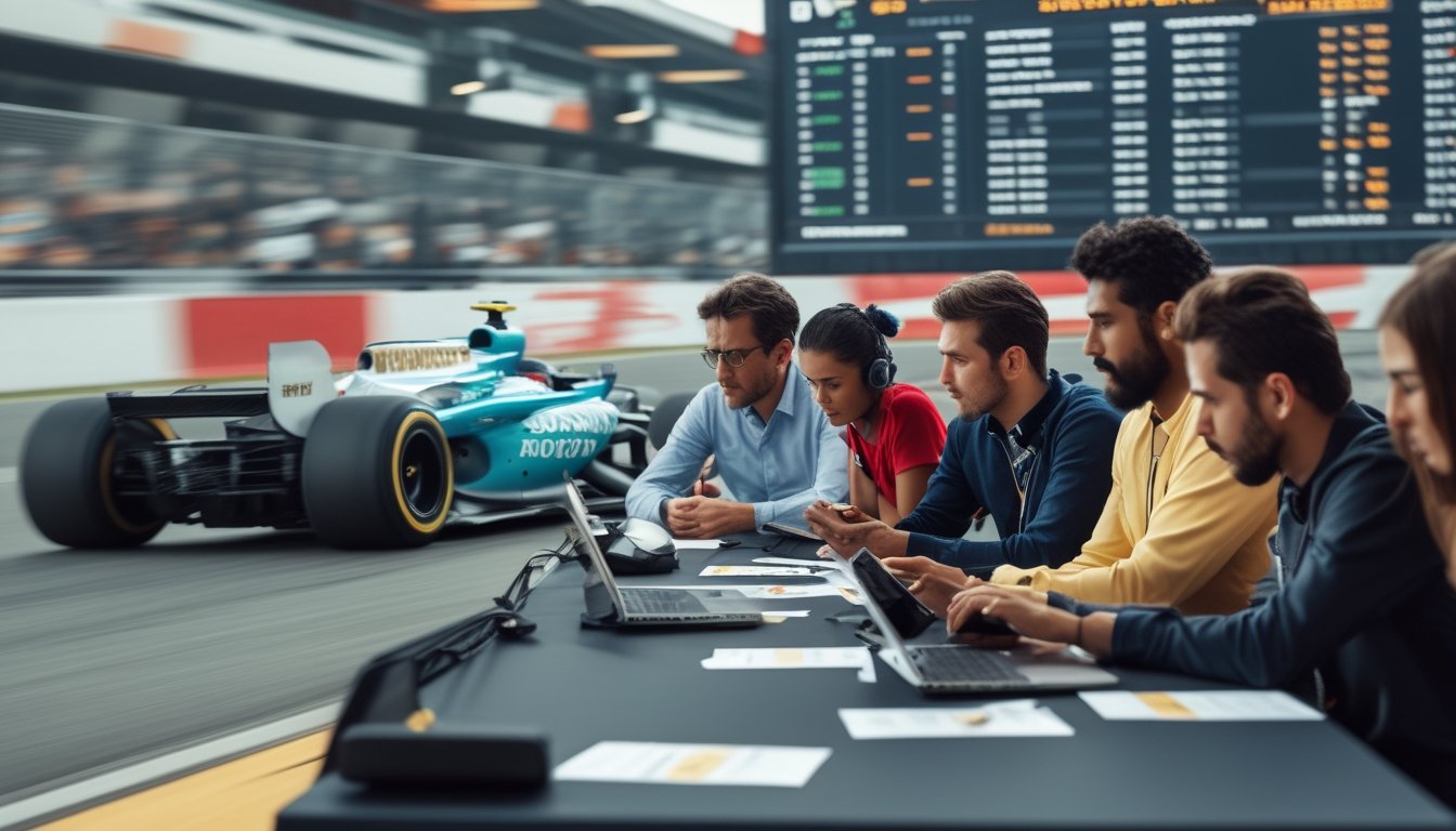 Orang-orang berkumpul di sekitar meja dengan alat taruhan, memperhatikan mobil Formula 1 yang melaju kencang di lintasan balap.