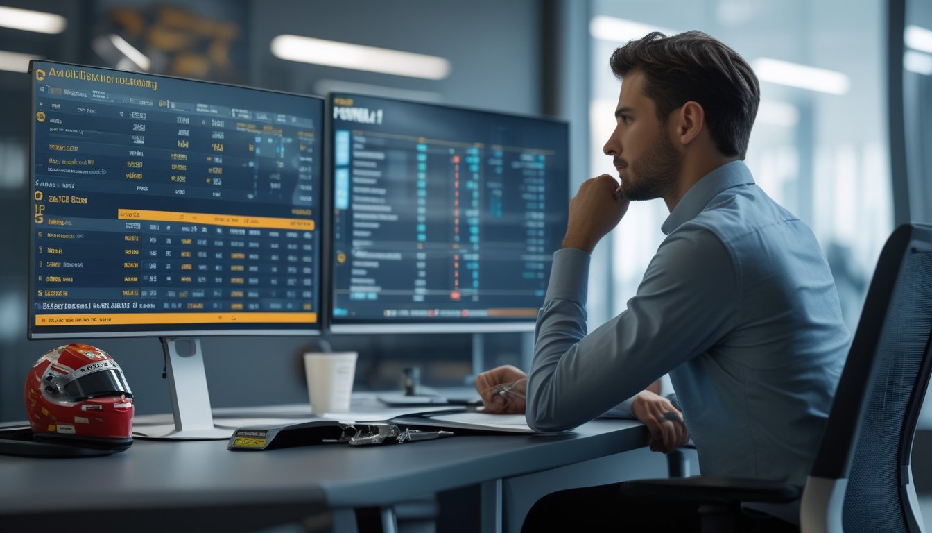 Seorang pria sedang menganalisis data balap Formula 1 di depan beberapa layar komputer di sebuah kantor modern.