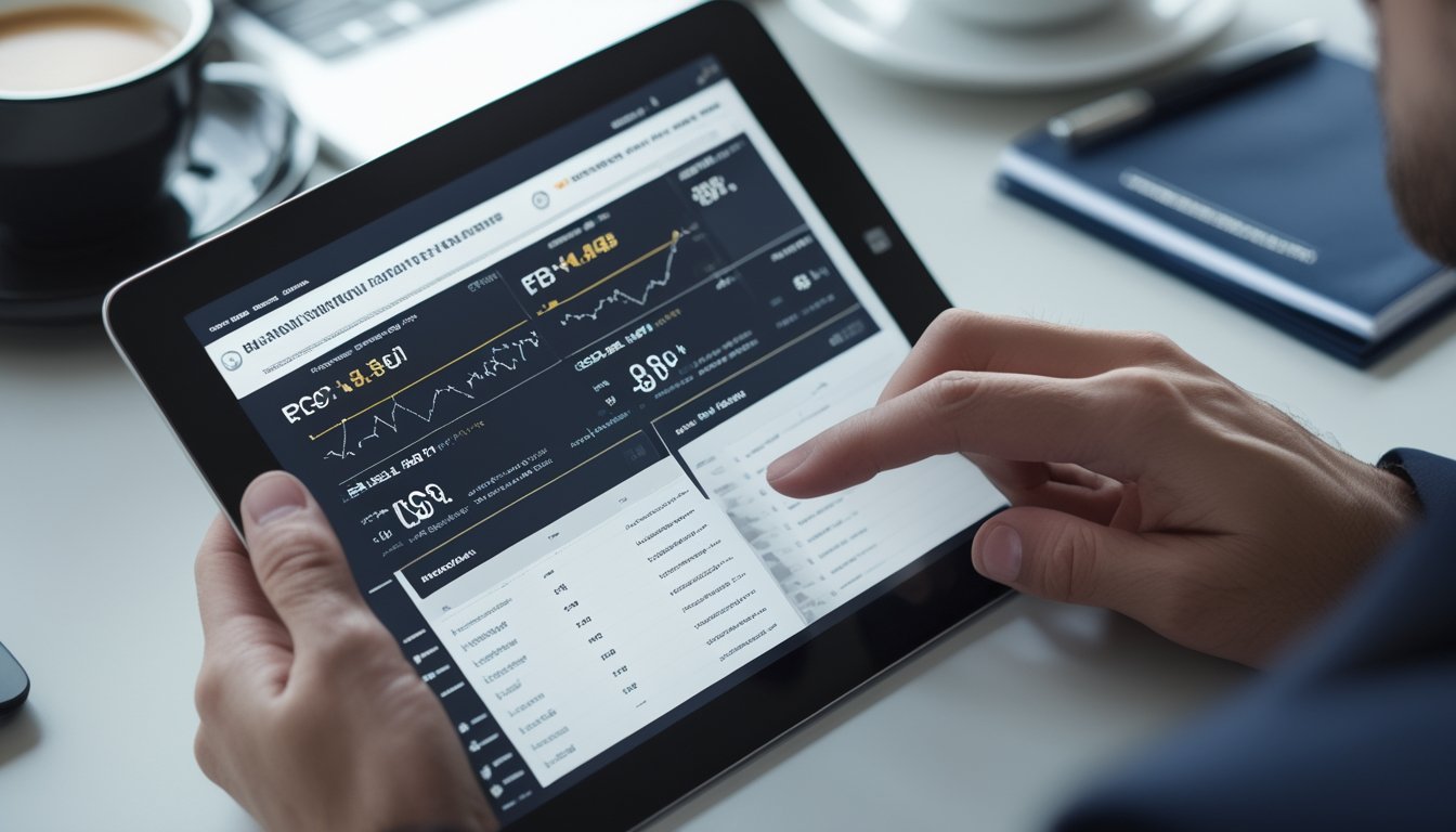 Tangan seseorang menggunakan tablet yang menampilkan data dan peluang taruhan Formula 1 di sebuah meja kerja.