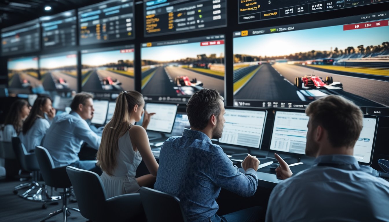 Sejumlah orang fokus menggunakan perangkat digital sambil menonton balapan Formula 1 secara langsung di ruang taruhan olahraga modern.