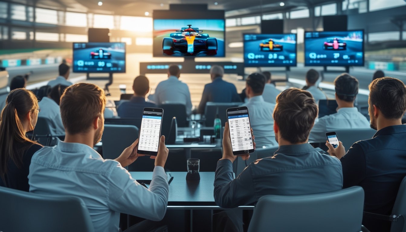 Beberapa orang fokus menonton balapan Formula 1 secara langsung sambil menggunakan perangkat untuk taruhan di sebuah ruang taruhan modern.