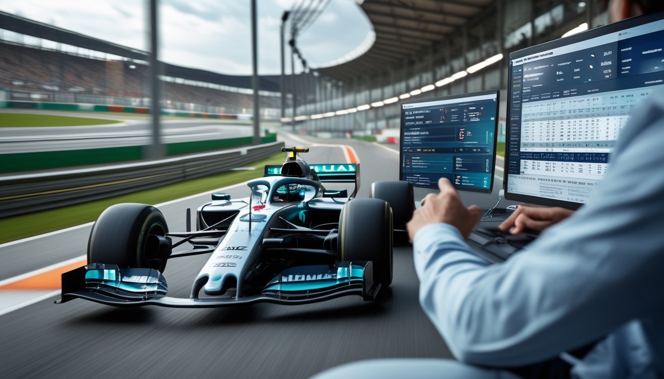 Seorang pria sedang menganalisis data balapan Formula 1 dengan mobil balap melaju di lintasan di luar jendela.