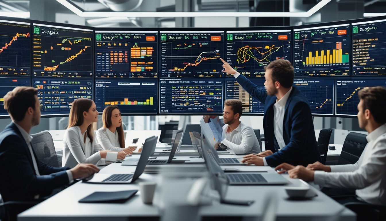 Sekelompok profesional sedang menganalisis data performa Formula 1 di ruang kantor dengan layar besar yang menampilkan grafik dan statistik balapan.