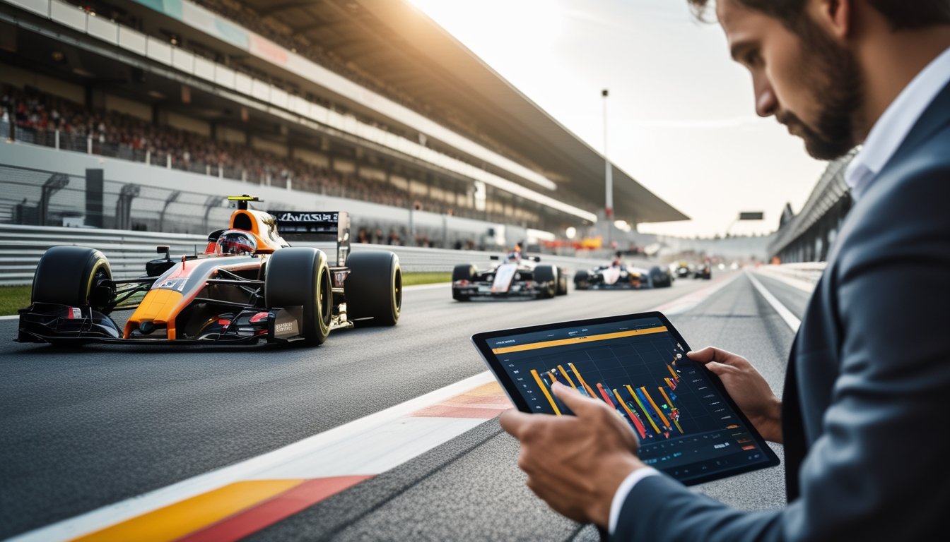 Dua mobil balap F1 sedang melaju berdampingan di lintasan dengan seorang pria melihat data balapan pada tablet di depan mereka.