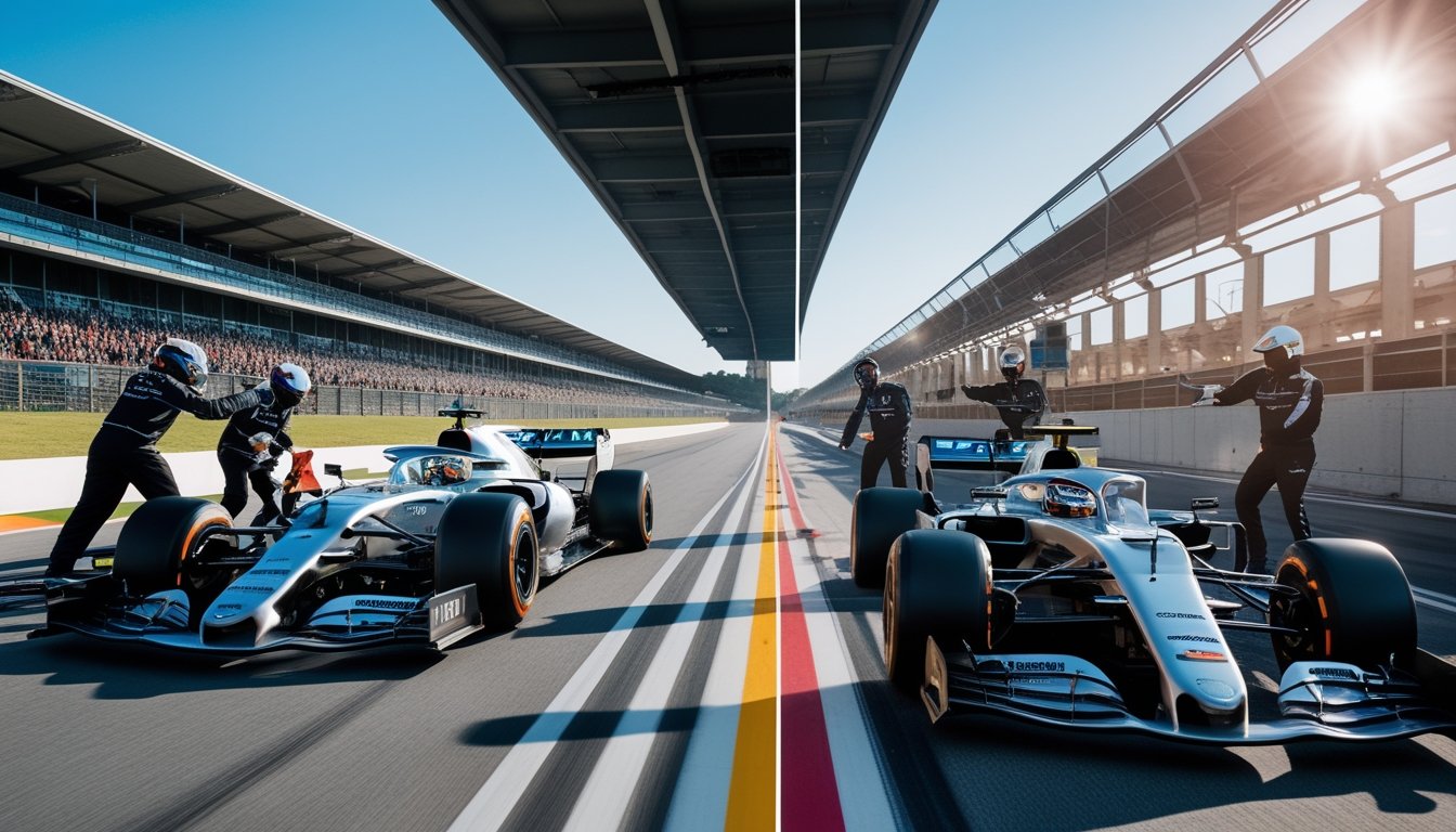 Mobil balap Formula 1 di lintasan dengan kru pit yang bekerja cepat di satu sisi dan tim insinyur yang menganalisis data di sisi lain, di depan tribun penonton yang penuh.