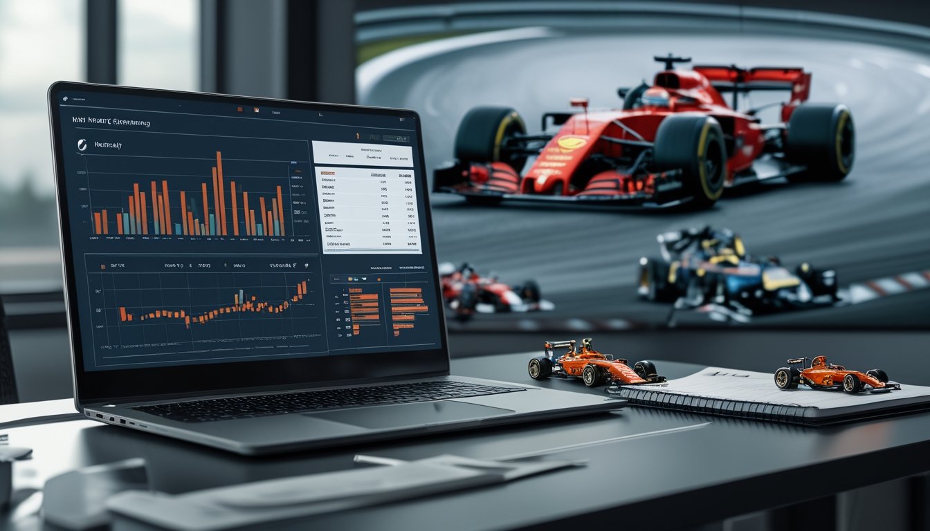 Meja kerja dengan laptop yang menampilkan grafik, miniatur mobil Formula 1, kalkulator, dan layar besar yang menayangkan balapan Formula 1.