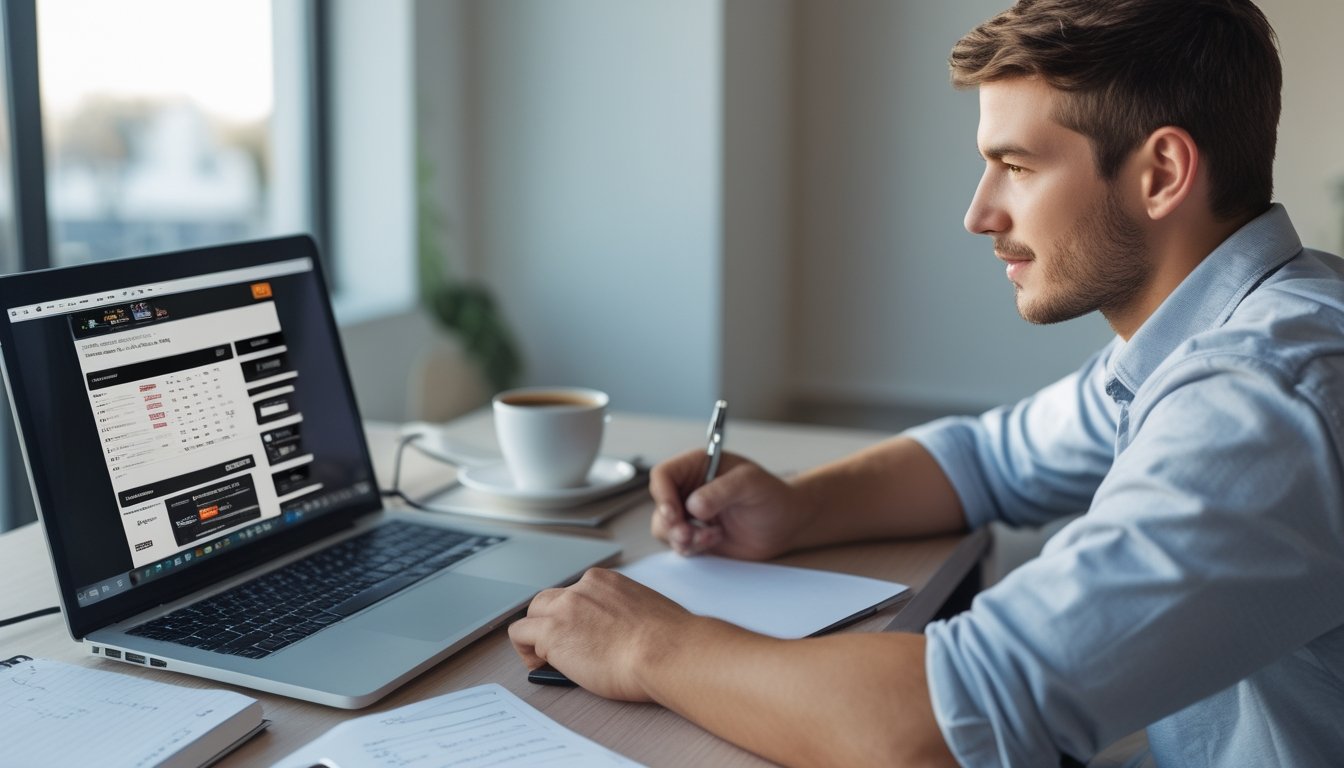 Seorang pria muda duduk di meja dengan laptop, mencatat dan fokus pada layar yang menampilkan platform taruhan balap mobil online.