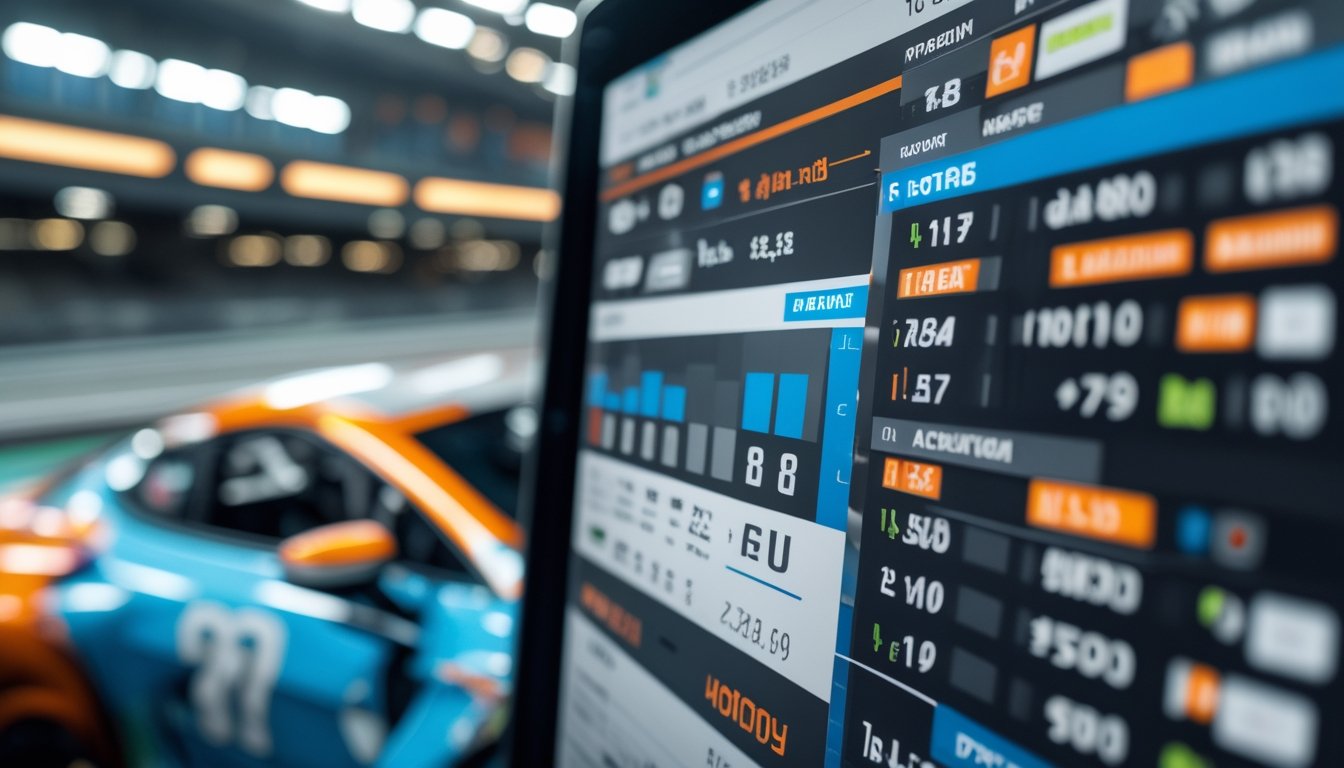 Layar digital menampilkan odds dan statistik taruhan balap mobil dengan mobil balap di latar belakang.