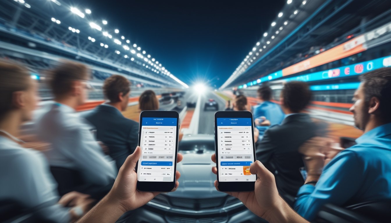 Beberapa orang sedang menggunakan perangkat digital untuk memasang taruhan balap mobil, dengan mobil balap melaju di lintasan di latar belakang.