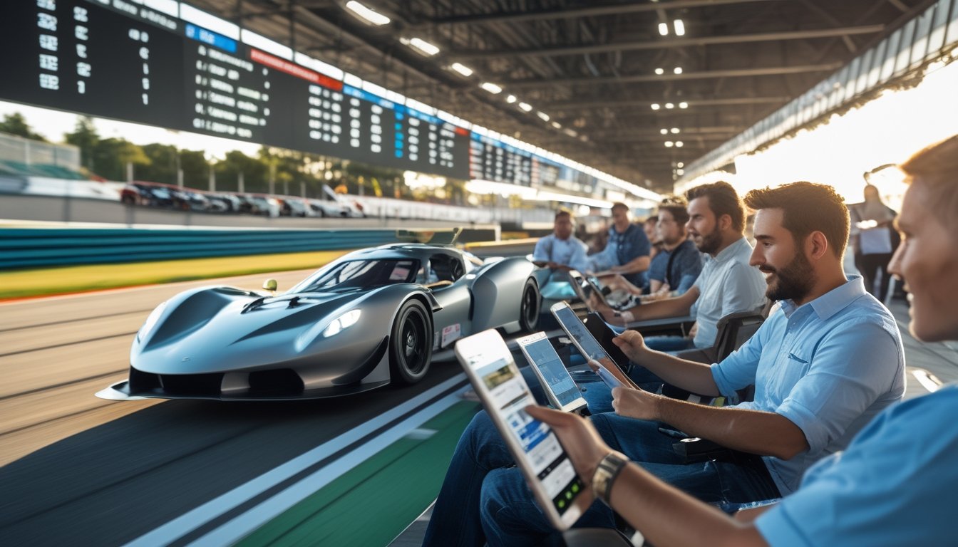 Orang-orang menggunakan perangkat digital untuk memasang taruhan balap mobil secara langsung di dekat lintasan balap dengan mobil balap melaju cepat di latar belakang.