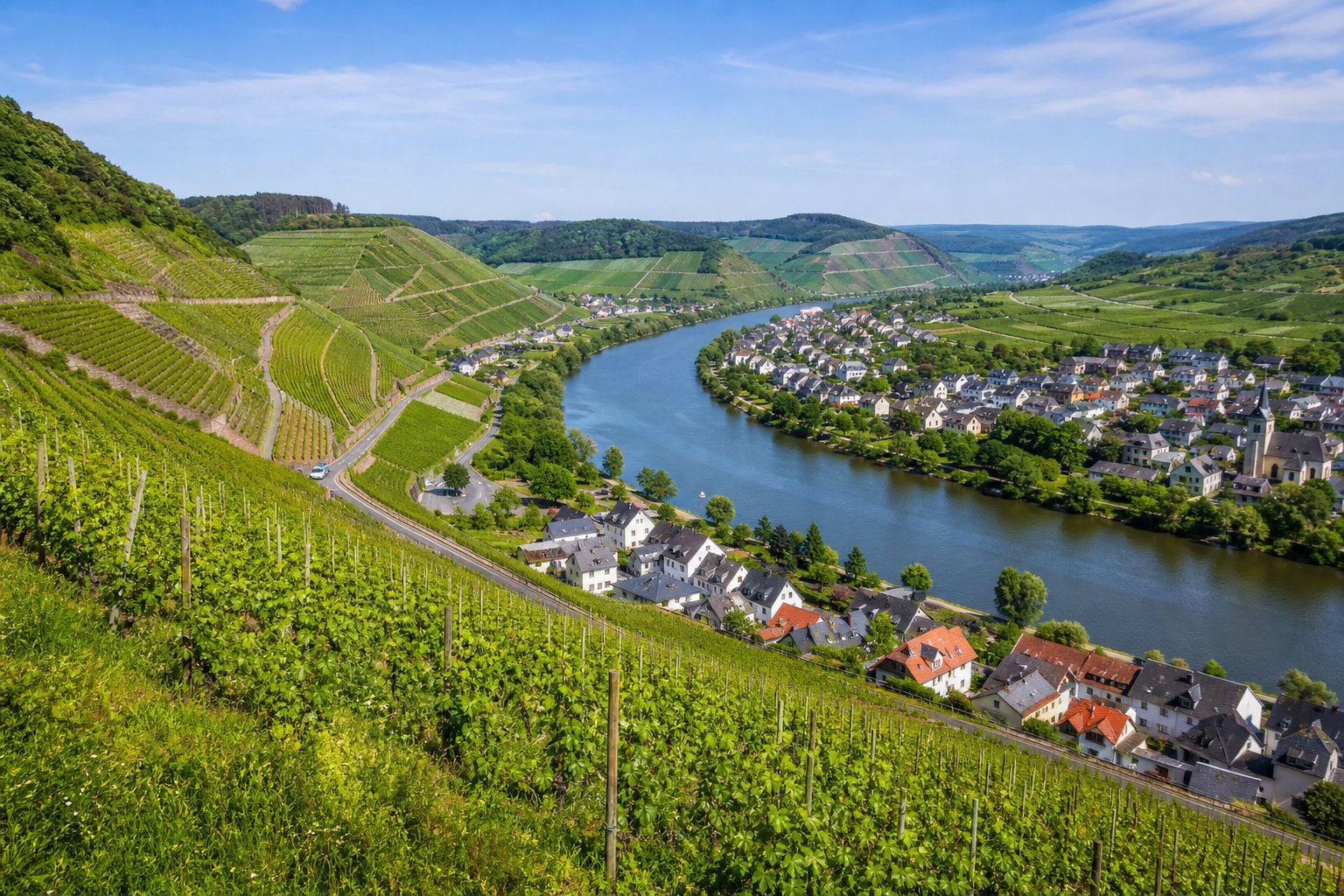 Blick auf grüne Weinberge und das Moseltal mit dem Fluss und traditionellen Häusern in Luxemburg.