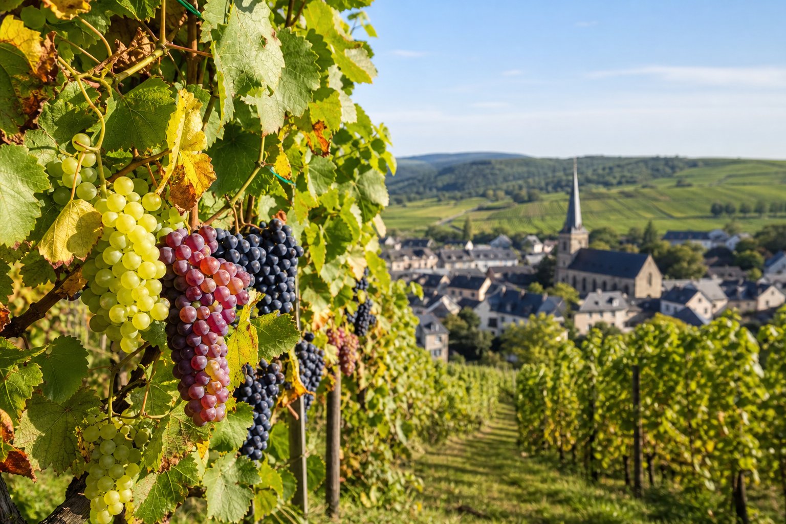 Vineyard in Luxemburg mit verschiedenen Traubensorten auf den Reben und einem Dorf im Hintergrund.