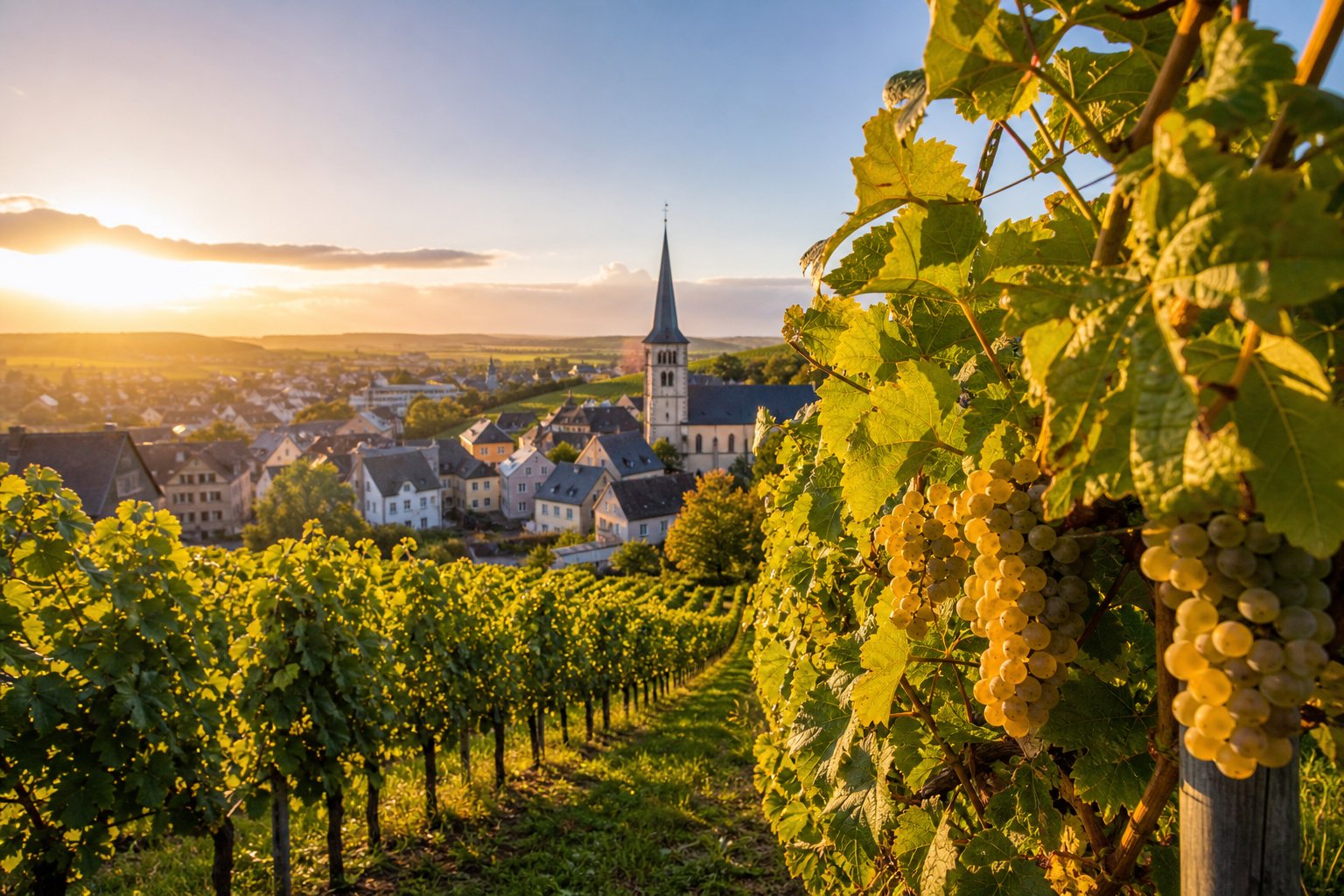 Weinberge mit reifen Trauben vor einem Dorf mit traditionellen Häusern und einer Kirche in Luxemburg.