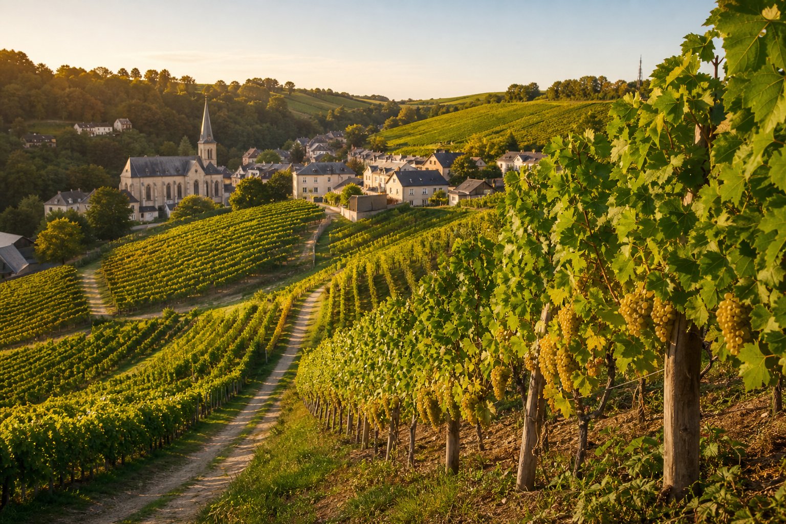 Weinberge mit grünen Reben und einem kleinen Dorf im Hintergrund unter klarem Himmel in der Weinregion Luxemburg.