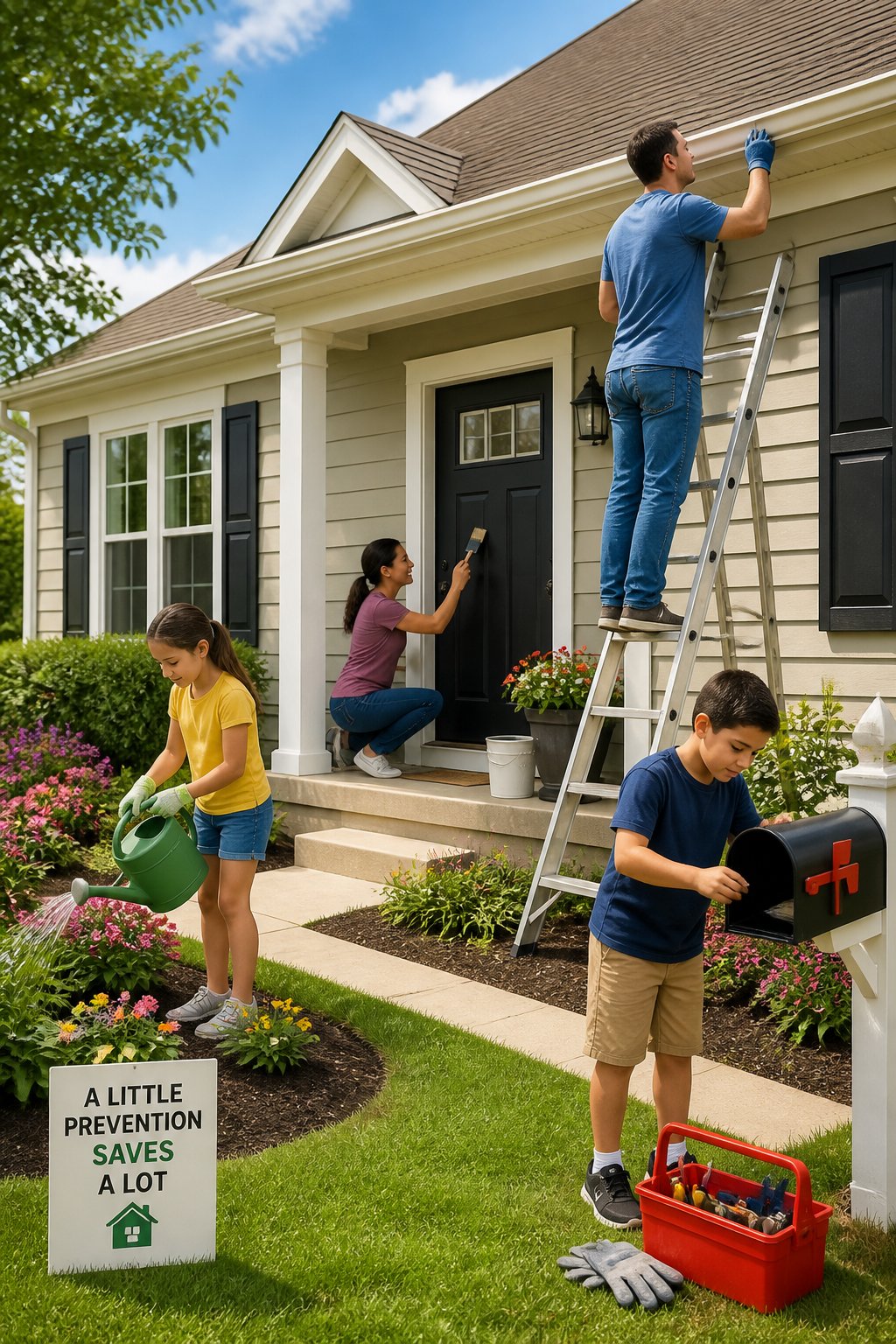 A family performing home maintenance tasks outside their house on a sunny day, including gutter inspection, painting, and gardening.