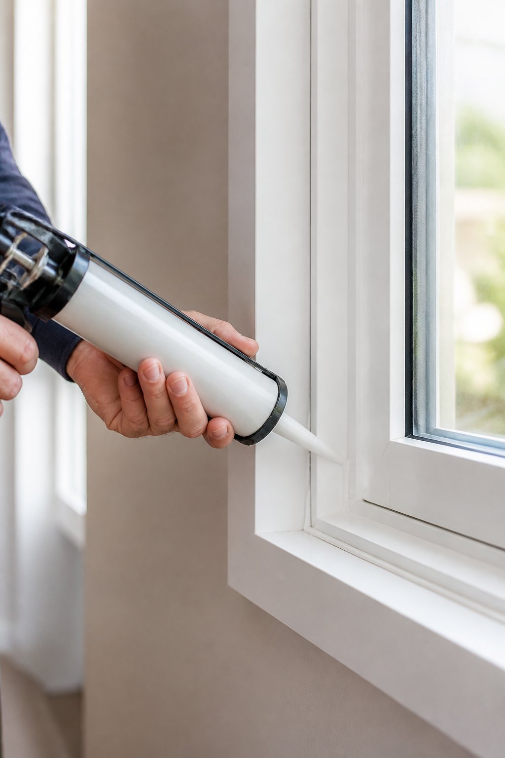 Person applying silicone caulk around a window frame to seal gaps inside a home.