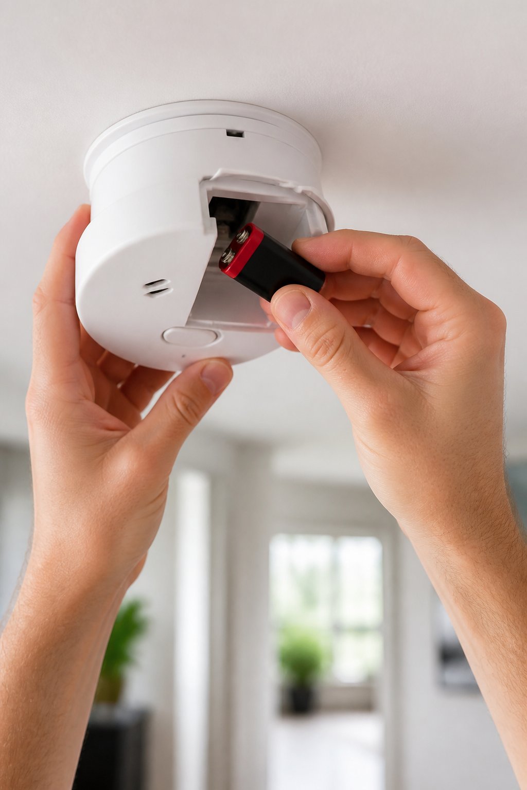 Person replacing a 9V battery in a smoke detector inside a home.