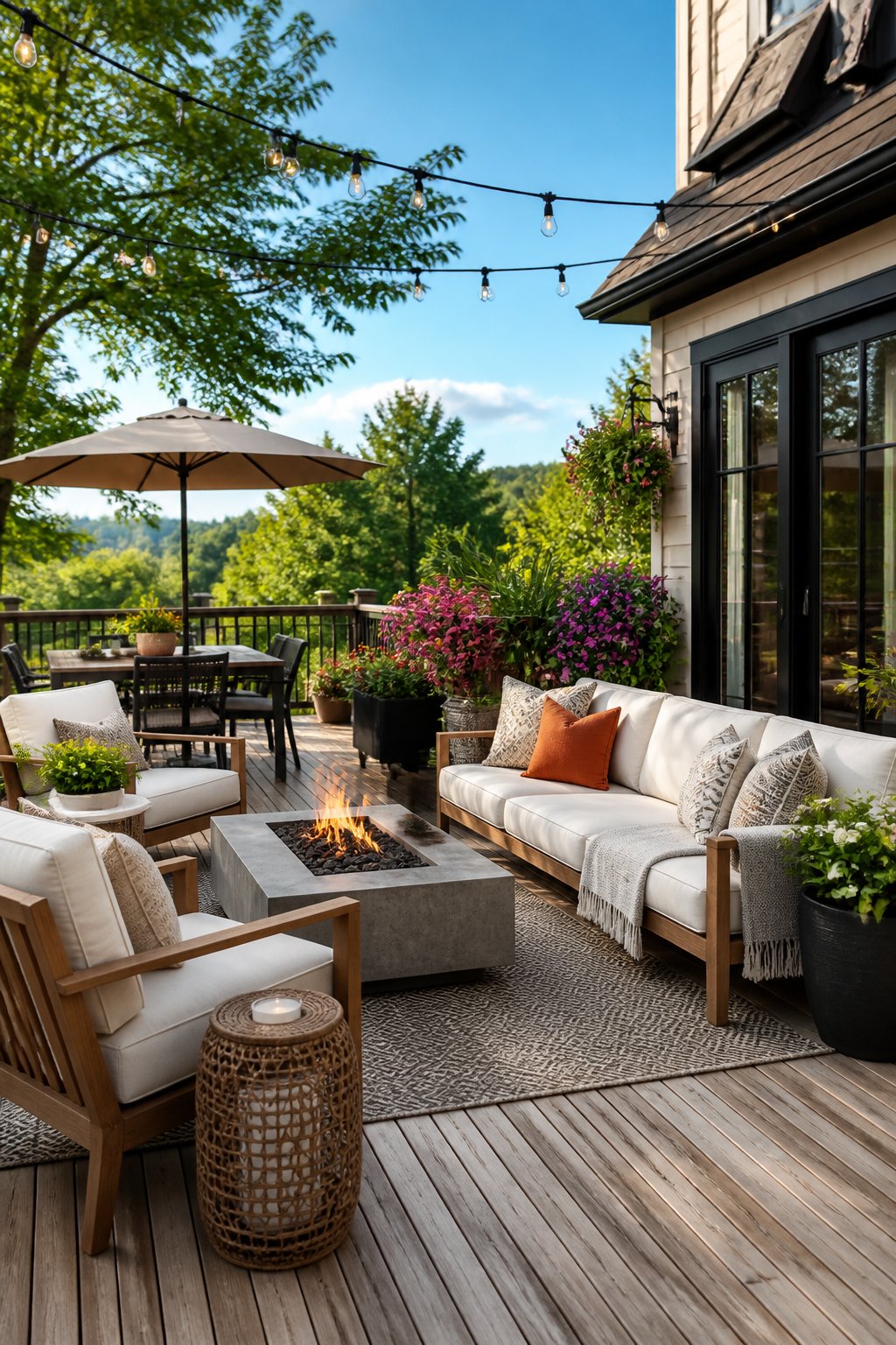 An outdoor patio with comfortable seating, plants, string lights, and a fire pit surrounded by greenery.