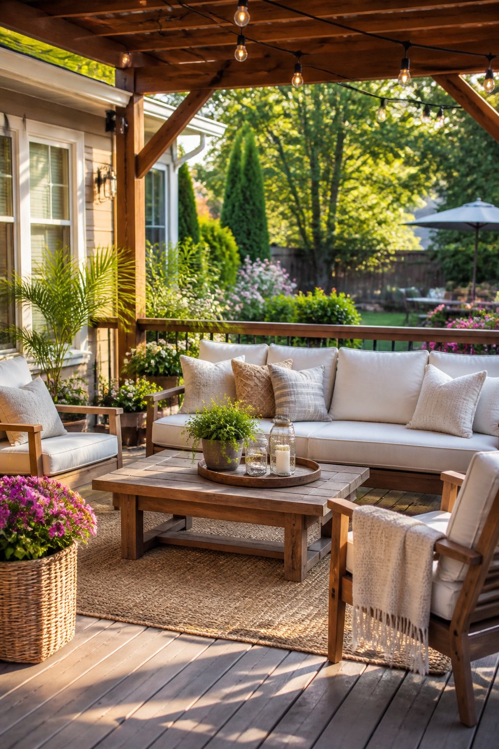 Outdoor patio with cushioned seating, coffee table, plants, and string lights in a garden setting.