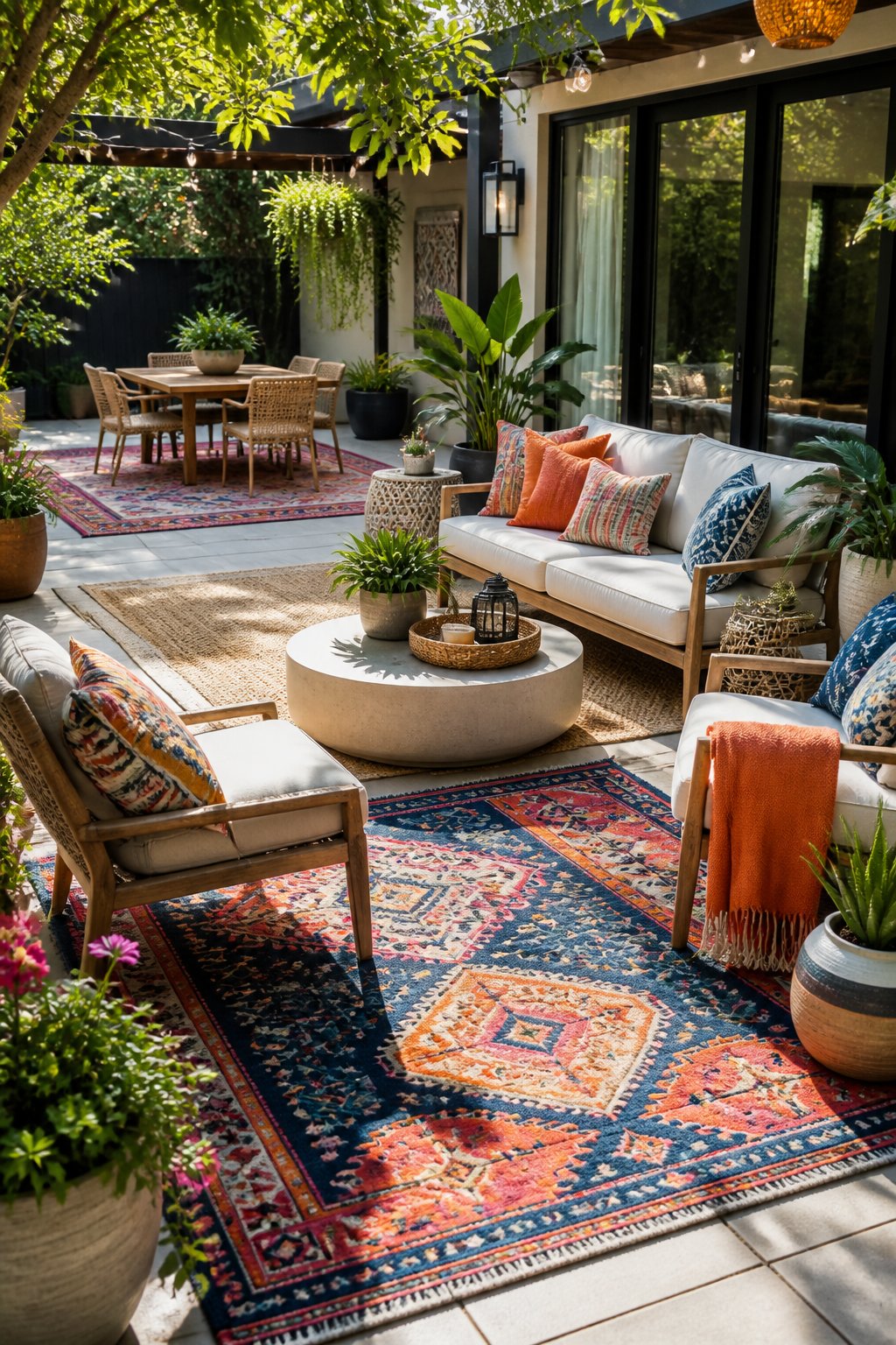 Outdoor patio with colorful rugs, comfortable seating, cushions, and plants creating a cozy and inviting space.
