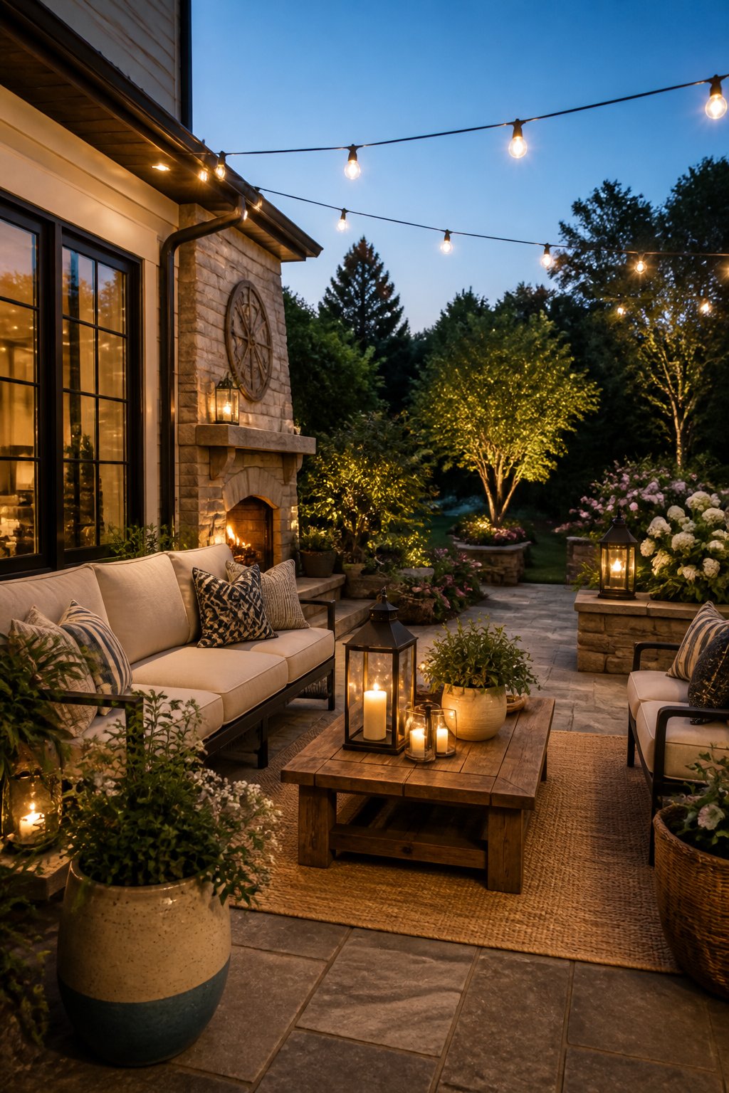 An outdoor patio with comfortable seating, string lights overhead, lanterns on a table, surrounded by plants and greenery at dusk.