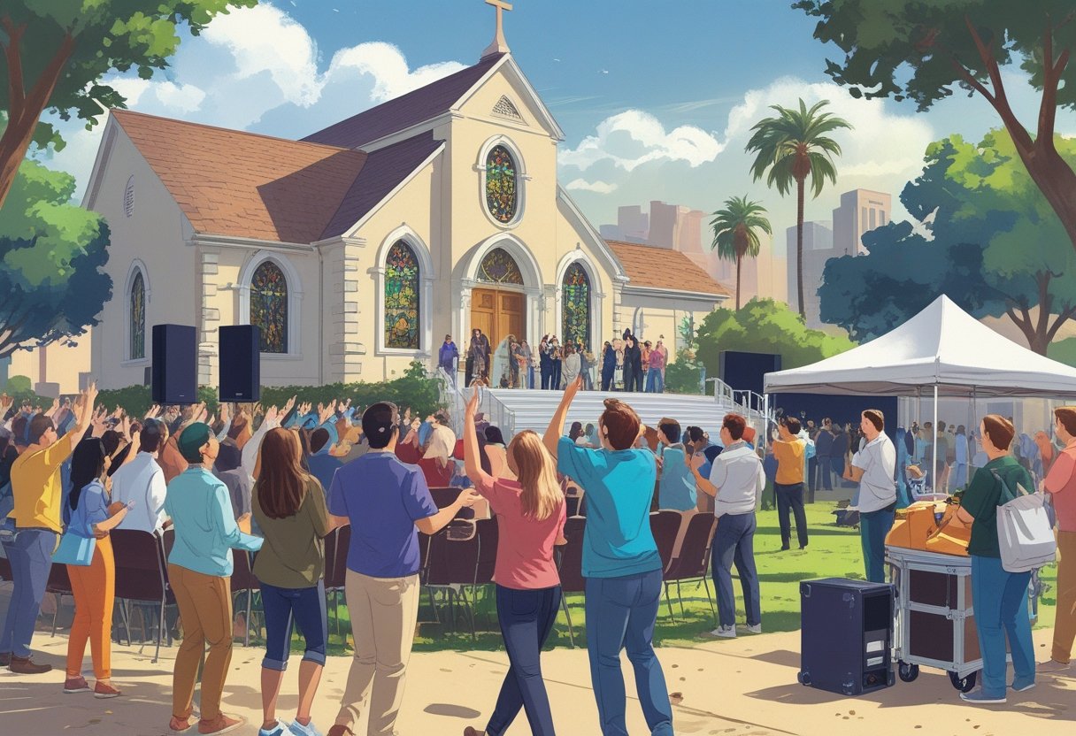 People gathered outside a church in Fresno for a revival event, with a stage, chairs, and volunteers organizing equipment.