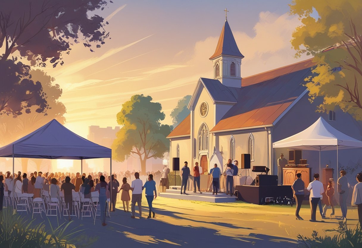 A group of people gathered outdoors near a church with a stage and rental equipment like chairs and tents, preparing for a community revival event.