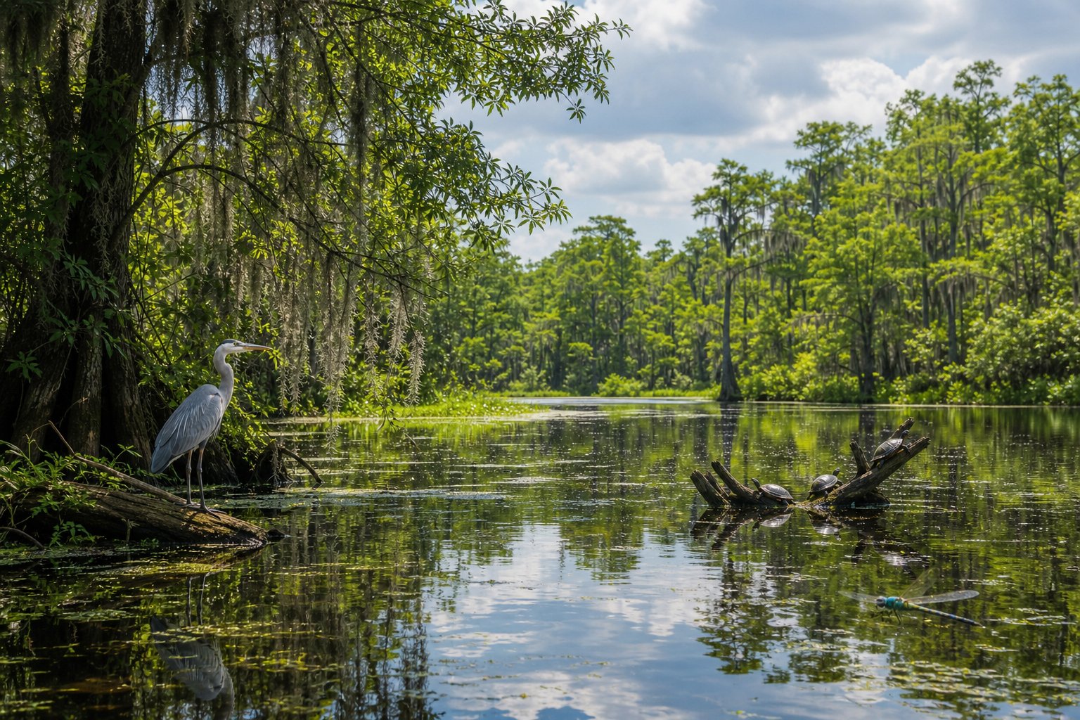 A peaceful bayou in Monroe, Louisiana with cypress trees, moss, a great blue heron, turtles on logs, and dragonflies over calm water.